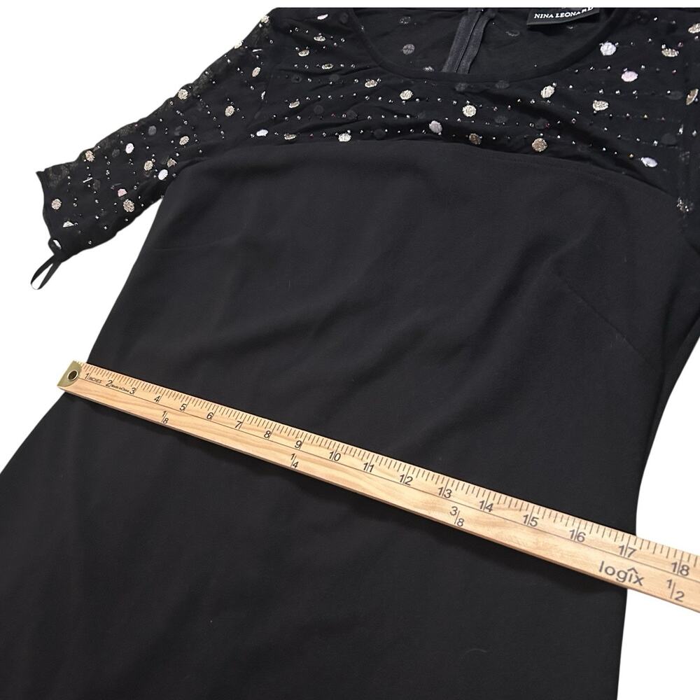 Nina Leonard Sz S Dress Black Crepe Midi Beaded Sheer Short Sleeve Round Neck - Picture 12 of 14